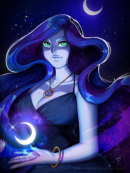 Size: 900x1200 | Tagged: safe, artist:praeay, princess luna, human, g4, clothes, dress, ethereal hair, female, humanized, jewelry, magic, moon, necklace, night, pony coloring, signature, smiling, solo
