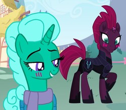 Size: 1246x1080 | Tagged: safe, artist:徐詩珮, fizzlepop berrytwist, glitter drops, tempest shadow, pony, unicorn, g4, my little pony: the movie, spoiler:comic, spoiler:comic67, spoiler:comic68, armor, base used, blushing, broken horn, clothes, duo, duo female, female, horn, lesbian, mare, saddle bag, scarf, ship:glittershadow, shipping, tempest's tale