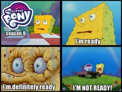 Size: 950x720 | Tagged: safe, edit, g4, season 9, barely pony related, bloodshot eyes, caption, end of ponies, i don't need it, image macro, male, meme, my little pony logo, spongebob squarepants, spongebob squarepants (character), tea at the treedome, text
