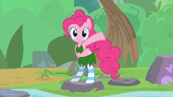 Size: 1280x720 | Tagged: safe, artist:tridashie, pinkie pie, earth pony, pony, g4, animated, bikini, bipedal, bra, bra on pony, c:, clothes, cute, dancing, diapinkes, female, grass skirt, i can't believe it's not hasbro studios, jungle, looking at you, mare, nature, rock, show accurate, skirt, smiling, socks, solo, striped socks, swimsuit, tridashie is tri-ing to murder us, waving