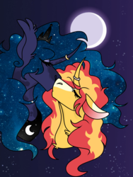 Size: 768x1024 | Tagged: artist needed, safe, princess luna, sunset shimmer, alicorn, pony, unicorn, g4, curved horn, eyes closed, female, galaxy, horn, horn ring, kissing, lesbian, lunashimmer, mare, marriage, moon, shipping