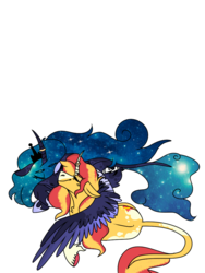 Size: 768x1024 | Tagged: artist needed, safe, princess luna, sunset shimmer, alicorn, classical unicorn, pony, unicorn, g4, cloven hooves, curved horn, ethereal mane, eyes closed, female, floppy ears, galaxy mane, horn, horn ring, leonine tail, lesbian, lunashimmer, lying down, mare, marriage, prone, shipping, simple background, unshorn fetlocks