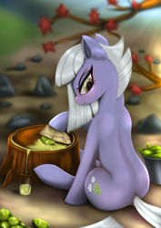 Size: 4250x6000 | Tagged: safe, artist:darksly, limestone pie, earth pony, pony, g4, absurd resolution, cute, female, juice, limabetes, lime, lime juice, looking back, mare, profile, rock, rock farm, serious, serious face, solo, tree stump