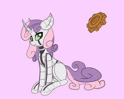 Size: 2000x1600 | Tagged: safe, artist:ybkathan, sweetie belle, pony, robot, g4, cute, diasweetes, female, gears, pink background, simple background, sitting, solo, sweetie bot