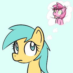Size: 750x750 | Tagged: safe, artist:datahmedz, ruby pinch, sunshower raindrops, pony, raindropsanswers, g4, animated, ask, female, gif, swirly eyes, thought bubble, tongue out, tumblr