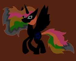 Size: 1280x1040 | Tagged: safe, artist:dazzlingmimi, princess celestia, alicorn, pony, tumblr:the sun has inverted, g4, alternate hairstyle, angry, balcony, blue sun, brown sky, canterlot, civil war, color change, corrupted, corrupted celestia, darkened coat, discorded, divided equestria, ethereal mane, female, green eyes, implied invert princess luna, implied inverted princess luna, insanity, invert princess celestia, inverted, inverted colors, inverted princess celestia, madness, messy mane, possessed, rage, rainbow hair, shrunken pupils, sidemouth, solo, starry mane, tan coat, tumblr