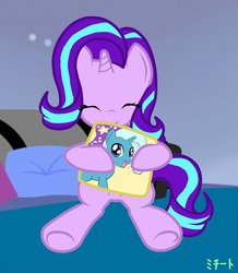 Size: 1149x1319 | Tagged: safe, artist:michiito, starlight glimmer, trixie, pony, unicorn, g4, bed, cushion, eyes closed, female, smiling, solo
