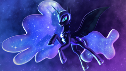 Size: 4800x2700 | Tagged: safe, artist:jacob_lhh3, nightmare moon, pony, g4, 3d, color porn, fangs, female, fog, glowing eyes, glowing horn, grin, horn, smiling, solo, source filmmaker, spread wings, stars, wings