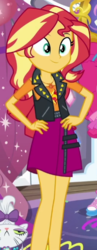 Size: 255x659 | Tagged: safe, screencap, opalescence, pinkie pie, sunset shimmer, cat, equestria girls, equestria girls series, fomo, g4, spoiler:eqg series (season 2), clothes, cropped, cute, female, geode of empathy, hand on hip, leather vest, legs, magical geodes, shimmerbetes, skirt, smiling