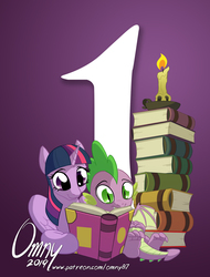 Size: 800x1053 | Tagged: safe, artist:omny87, spike, twilight sparkle, alicorn, dragon, pony, g4, season 9, 1, book, candle, female, lying down, male, mare, reading, sitting, twilight sparkle (alicorn)