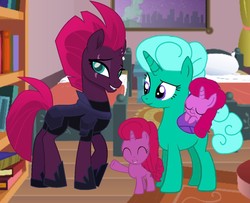 Size: 1328x1080 | Tagged: safe, artist:徐詩珮, fizzlepop berrytwist, glitter drops, tempest shadow, oc, oc only, oc:betty pop, oc:ehenk berrytwist, pony, unicorn, g4, my little pony: the movie, armor, baby, baby pony, base used, broken horn, eyes closed, family, female, filly, horn, lesbian, magical lesbian spawn, mare, mother and daughter, next generation, offspring, parent:glitter drops, parent:tempest shadow, parents:glittershadow, ship:glittershadow, shipping, siblings, sisters, sleeping, solo