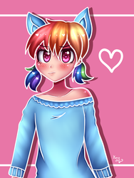Size: 2120x2826 | Tagged: safe, artist:yumomochan, rainbow dash, human, g4, anime, blushing, clothes, cute, digital art, female, heart eyes, high res, humanized, off shoulder, pigtails, pink background, simple background, solo, wingding eyes