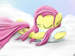Size: 4000x3000 | Tagged: safe, artist:widelake, fluttershy, pegasus, pony, g4, cloud, cuddling, eyes closed, female, folded wings, hug, mare, nap, on a cloud, pillow, pillow hug, prone, sleeping, solo, stray strand, wings