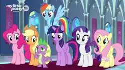 Size: 1920x1080 | Tagged: safe, screencap, applejack, fluttershy, pinkie pie, rainbow dash, rarity, spike, twilight sparkle, alicorn, dragon, earth pony, pegasus, pony, unicorn, g4, the beginning of the end, discovery family logo, female, male, mane seven, mane six, mare, twilight sparkle (alicorn)