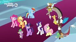 Size: 1920x1080 | Tagged: safe, screencap, applejack, discord, fluttershy, pinkie pie, rainbow dash, rarity, spike, twilight sparkle, alicorn, draconequus, dragon, earth pony, pegasus, pony, unicorn, g4, the beginning of the end, clothes, discovery family logo, female, jacket, male, mane seven, mane six, mare, notepad, pencil, reporter, twilight sparkle (alicorn), winged spike, wings