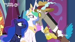 Size: 1920x1080 | Tagged: safe, screencap, discord, princess celestia, princess luna, alicorn, draconequus, pony, g4, the beginning of the end, discovery family logo, ethereal mane, female, hat, male, mare, notepad, pencil, reporter, starry mane, trio