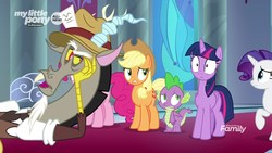 Size: 1920x1080 | Tagged: safe, screencap, applejack, discord, pinkie pie, rarity, spike, twilight sparkle, alicorn, draconequus, dragon, earth pony, pony, unicorn, g4, the beginning of the end, clothes, discovery family logo, female, hat, male, mare, necktie, suit, twilight sparkle (alicorn), winged spike, wings
