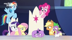 Size: 1920x1080 | Tagged: safe, screencap, applejack, fluttershy, pinkie pie, rainbow dash, rarity, spike, twilight sparkle, alicorn, dragon, earth pony, pegasus, pony, unicorn, g4, the beginning of the end, cutie map, discovery family logo, female, friendship throne, male, mane six, mare, twilight sparkle (alicorn), twilighting, winged spike, wings