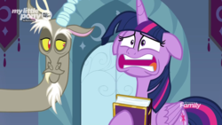 Size: 1920x1080 | Tagged: safe, screencap, discord, twilight sparkle, alicorn, draconequus, pony, g4, the beginning of the end, are you frustrated?, book, discovery family logo, duo, female, floppy ears, friendship journal, male, mare, meme, twilight sparkle (alicorn)