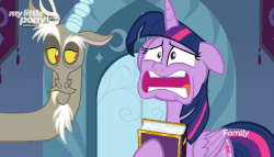Size: 838x481 | Tagged: safe, screencap, discord, twilight sparkle, alicorn, draconequus, pony, g4, the beginning of the end, animated, book, duo, faic, female, friendship journal, gif, loop, male, mare, panic attack, twilight sparkle (alicorn), twilighting