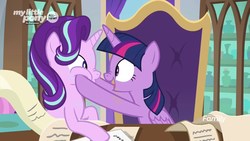 Size: 1920x1080 | Tagged: safe, screencap, starlight glimmer, twilight sparkle, alicorn, pony, unicorn, g4, the beginning of the end, checklist, desk, discovery family logo, duo, female, mare, nose wrinkle, squishy cheeks, twilight sparkle (alicorn)