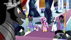 Size: 1920x1080 | Tagged: safe, screencap, king sombra, princess cadance, princess flurry heart, shining armor, alicorn, crystal pony, pony, unicorn, g4, the beginning of the end, cage, dark crystal, discovery family logo, female, filly, foal, gag, male, mare, mind control, muzzle gag, sombra soldier, spear, stallion, weapon, you know for kids