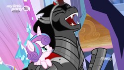 Size: 1920x1080 | Tagged: safe, screencap, king sombra, princess flurry heart, alicorn, pony, unicorn, g4, the beginning of the end, discovery family logo, duo, eyes closed, female, filly, foal, laughing, male, open mouth, stallion