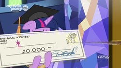 Size: 1920x1080 | Tagged: safe, screencap, discord, twilight sparkle, alicorn, pony, g4, the beginning of the end, cheque, discovery family logo, female, giant check, graduation cap, hat, mare, solo, twilight sparkle (alicorn)