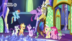 Size: 1920x1080 | Tagged: safe, screencap, applejack, discord, fluttershy, pinkie pie, rainbow dash, rarity, spike, twilight sparkle, alicorn, draconequus, dragon, earth pony, pegasus, pony, unicorn, g4, the beginning of the end, cute, cutie map, discovery family logo, door, faic, female, male, mane seven, mane six, mare, twiabetes, twilight sparkle (alicorn), twilight's castle, winged spike, wings