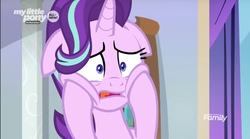 Size: 1875x1046 | Tagged: safe, screencap, starlight glimmer, pony, unicorn, g4, the beginning of the end, cheek squish, discovery family logo, female, floppy ears, mare, solo, squishy cheeks