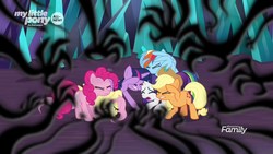 Size: 1920x1080 | Tagged: safe, screencap, applejack, fluttershy, pinkie pie, rainbow dash, rarity, twilight sparkle, alicorn, earth pony, pegasus, pony, unicorn, g4, the beginning of the end, cowering, dark magic, discovery family logo, female, magic, mane six, mare, twilight sparkle (alicorn)