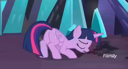 Size: 1879x1012 | Tagged: safe, screencap, twilight sparkle, alicorn, pony, g4, the beginning of the end, crystal, discovery family logo, eyes closed, female, flank, mare, solo, twilight sparkle (alicorn)
