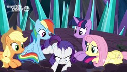Size: 1920x1080 | Tagged: safe, screencap, applejack, fluttershy, rainbow dash, rarity, twilight sparkle, alicorn, pony, g4, the beginning of the end, discovery family logo, twilight sparkle (alicorn)