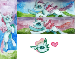Size: 1024x813 | Tagged: safe, artist:lailyren, ocellus, changedling, changeling, g4, bookmark, cute, diaocelles, female, flying, heart, sky, solo, traditional art, watercolor painting