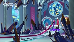 Size: 1920x1080 | Tagged: safe, screencap, king sombra, pony, unicorn, g4, the beginning of the end, canterlot throne room, crystal, dark crystal, dark magic, discovery family logo, magic, male, solo, stallion, throne room