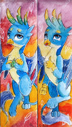 Size: 1024x1787 | Tagged: safe, artist:lailyren, gallus, griffon, g4, abstract background, crossed arms, male, solo, thumbs up, tongue out, traditional art