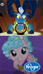 Size: 863x1491 | Tagged: safe, edit, edited screencap, screencap, cozy glow, grogar, pegasus, pony, g4, the beginning of the end, cloven hooves, cropped, crystal ball, female, filly, foal, grogar's orb, male, pun, ram