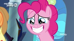 Size: 1920x1080 | Tagged: safe, screencap, applejack, pinkie pie, pony, g4, the beginning of the end, discovery family logo, female, mare, smiling, solo focus, teary eyes