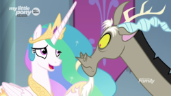 Size: 1920x1080 | Tagged: safe, screencap, discord, princess celestia, alicorn, draconequus, pony, g4, the beginning of the end, discovery family logo, duo, ethereal mane, female, male, mare