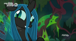 Size: 1670x915 | Tagged: safe, screencap, queen chrysalis, changeling, changeling queen, g4, the beginning of the end, crazylis, derp, discovery family logo, faic, female, great moments in animation, insanity, solo