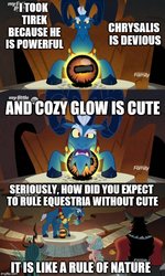Size: 500x832 | Tagged: safe, edit, edited screencap, screencap, cozy glow, grogar, lord tirek, queen chrysalis, centaur, changeling, changeling queen, pegasus, pony, g4, the beginning of the end, caption, cloven hooves, comic, crystal ball, female, filly, foal, grogar's orb, image macro, male, ram, screencap comic, text