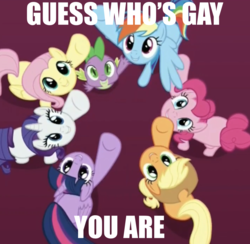 Size: 1318x1288 | Tagged: safe, edit, edited screencap, screencap, applejack, fluttershy, pinkie pie, rainbow dash, rarity, spike, twilight sparkle, alicorn, dragon, earth pony, pegasus, pony, unicorn, g4, the beginning of the end, caption, cropped, female, high angle, image macro, male, mane seven, mane six, mare, meme, text, twilight sparkle (alicorn), winged spike, wings