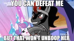 Size: 900x500 | Tagged: safe, edit, edited screencap, screencap, king sombra, princess flurry heart, alicorn, pony, unicorn, g4, the beginning of the end, animated, boop, caption, duo, female, filly, foal, history's greatest monster, image macro, male, moral event horizon, non-consensual booping, pure unfiltered evil, stallion, text, you monster