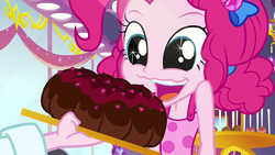 Size: 1920x1080 | Tagged: safe, screencap, pinkie pie, puffed pastry, equestria girls, equestria girls specials, g4, my little pony equestria girls: better together, my little pony equestria girls: spring breakdown, bundt cake (food), cake, cute, diapinkes, faic, female, food, geode of sugar bombs, magical geodes, offscreen character, open mouth, sleeveless, smiling, triple choco-berry blasted butter biscuit bundt cake, want, wavy mouth