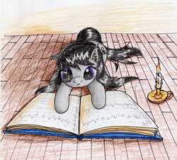 Size: 2319x2099 | Tagged: safe, artist:40kponyguy, derpibooru exclusive, octavia melody, earth pony, pony, g4, book, candle, ear fluff, female, floppy ears, high res, reading, sheet music, solo, traditional art, wooden floor