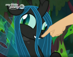 Size: 1164x914 | Tagged: safe, edit, edited screencap, screencap, queen chrysalis, changeling, changeling queen, g4, the beginning of the end, boop, boop edit, crazylis, cropped, derp, female, finger, hand
