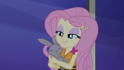 Size: 1920x1080 | Tagged: safe, screencap, fluttershy, mr. bouncy, rabbit, equestria girls, equestria girls specials, g4, my little pony equestria girls: better together, my little pony equestria girls: spring breakdown, duo, female, lidded eyes, male