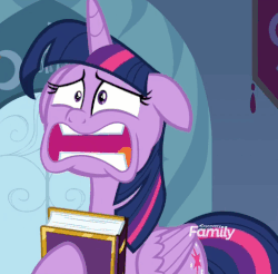 Size: 488x481 | Tagged: safe, screencap, twilight sparkle, alicorn, pony, g4, the beginning of the end, animated, book, cropped, discovery family logo, female, floppy ears, friendship journal, gif, hyperventilating, mare, panic, solo, twilight sparkle (alicorn), twilighting