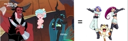 Size: 1020x327 | Tagged: safe, edit, edited screencap, screencap, cozy glow, lord tirek, queen chrysalis, centaur, changeling, changeling queen, human, meowth, pegasus, pony, g4, the beginning of the end, comparison, discovery family logo, female, filly, foal, james, jessie, male, man, nervous laugh, nose piercing, nose ring, piercing, pokémon, septum piercing, team rocket, woman