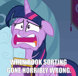 Size: 488x481 | Tagged: safe, edit, edited screencap, screencap, twilight sparkle, alicorn, pony, g4, the beginning of the end, animated, book, caption, cropped, female, floppy ears, friendship journal, gif, image macro, mare, panic, solo, text, twilight sparkle (alicorn)